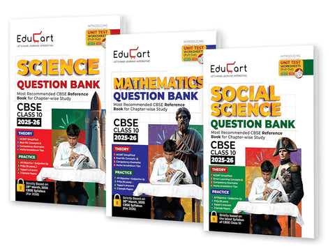 Educart CBSE Question Bank Class 10 Bundle   Science, Mathematics and Social Science on New Syllabus 2025 26 (Introducing Unit Test Worksheets for 2026 Boards)